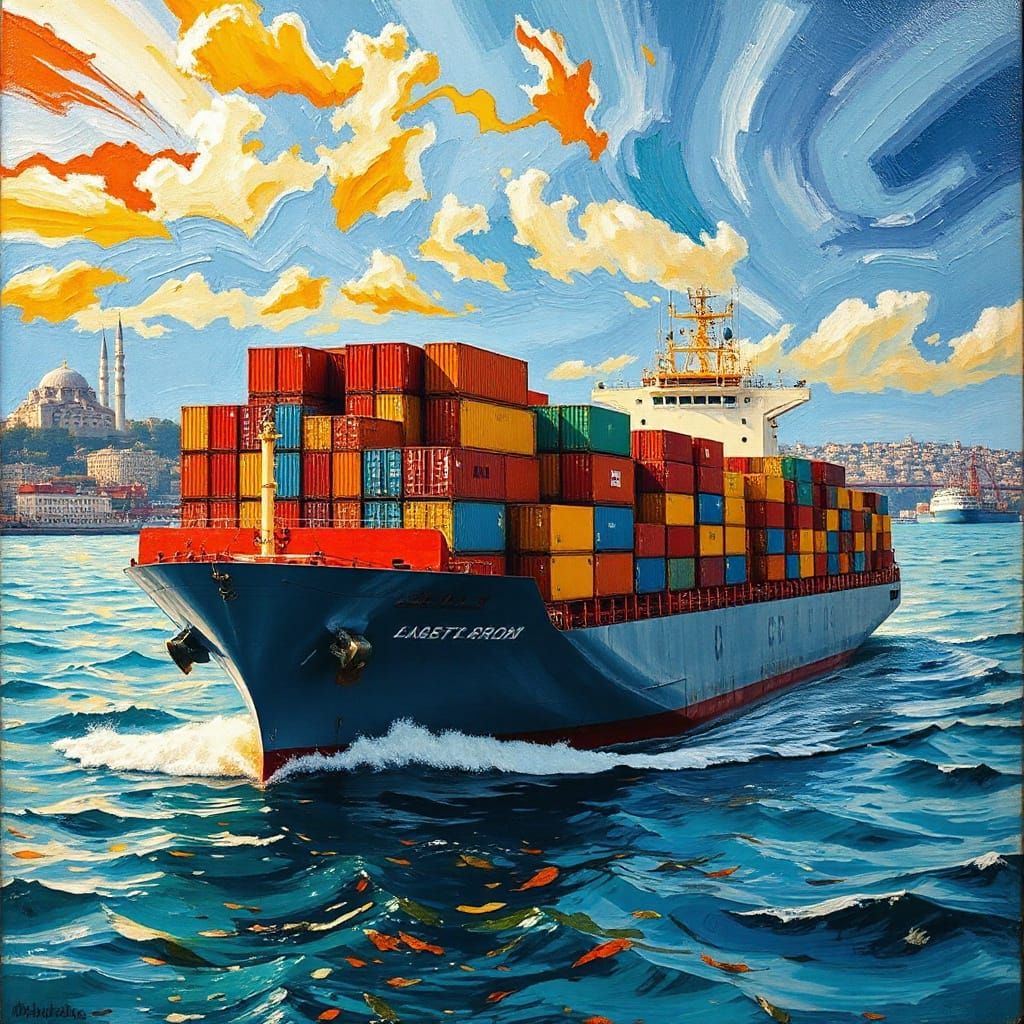 Container Ship in Vibrant Istanbul Skyline, Neo-Expressionis...