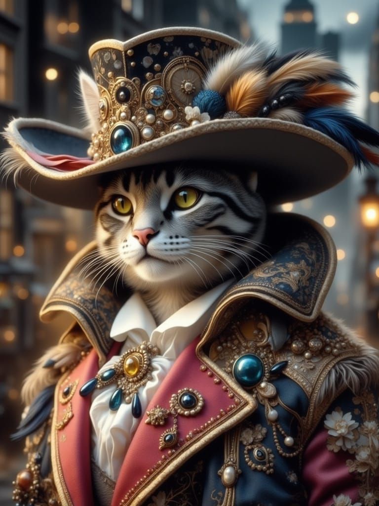 Aristocratic cat, whimsical, wide brimmed hat