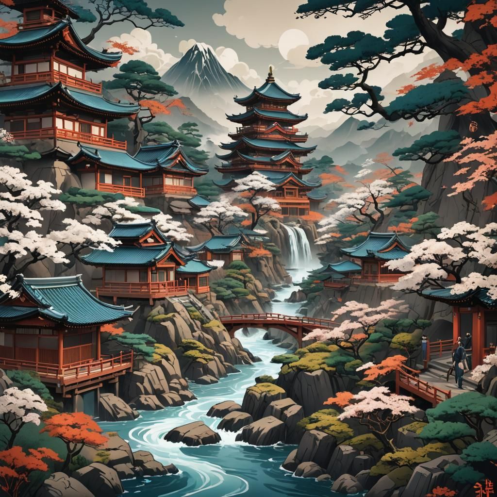 Ukiyo-e River Townscape in Detailed Matte Painting