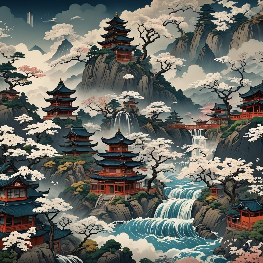 Fantastical Ukiyo-e Landscape with Intricate Details