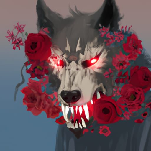 Demon Wolf with Skull and Roses in Anime Style