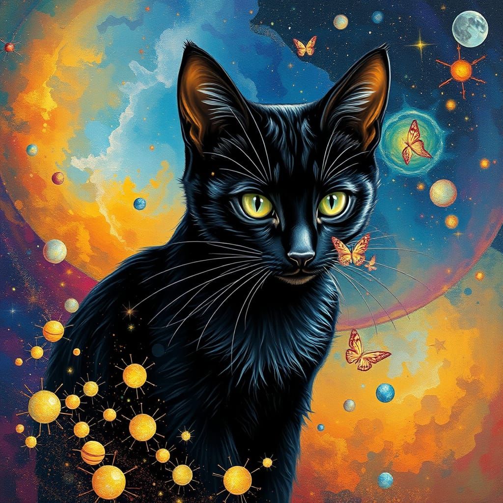 Mystical Black Cat in an Iridescent Cosmic Dreamscape