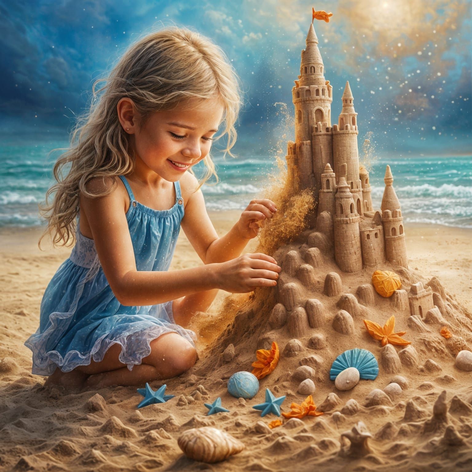 Happy Girl's Sandcastle: Hyperrealistic Abstract Art