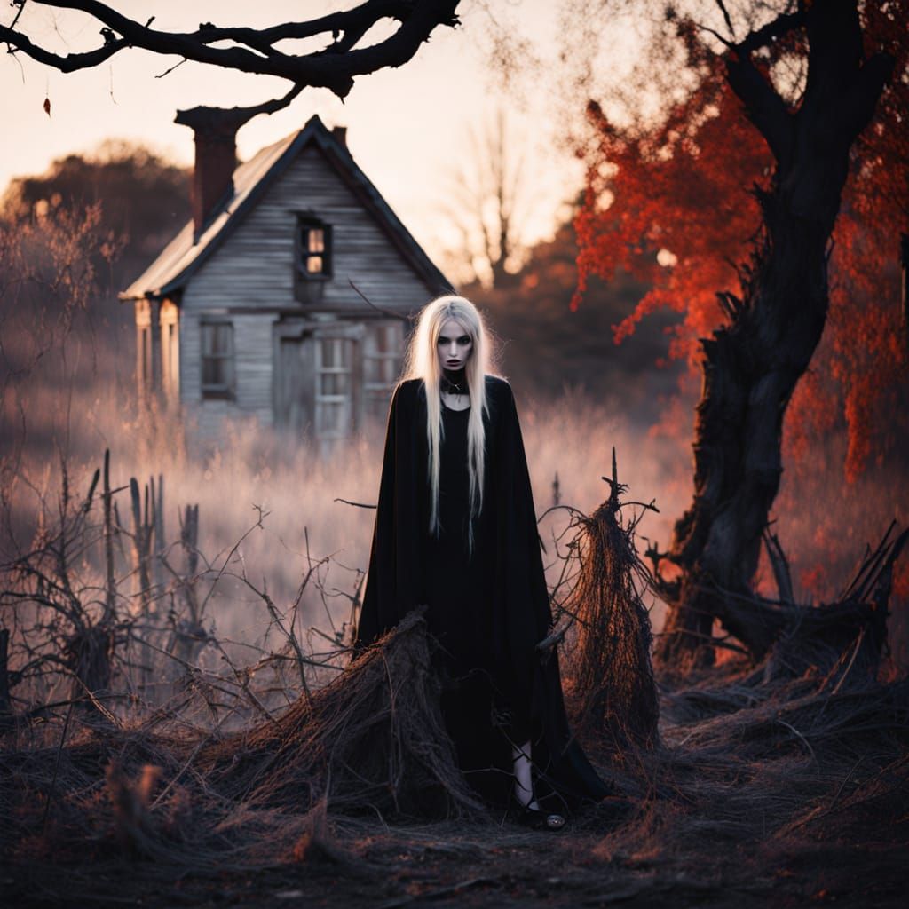 Gothic Fashion Model in Field of Dead Leaves