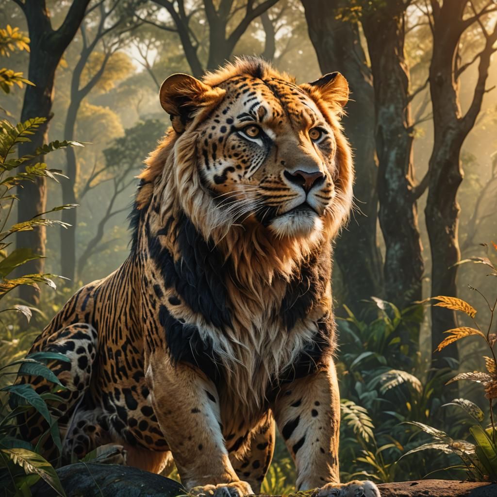 Lion, Tiger, Leopard Hybrid Portrait in Matte Painting Style
