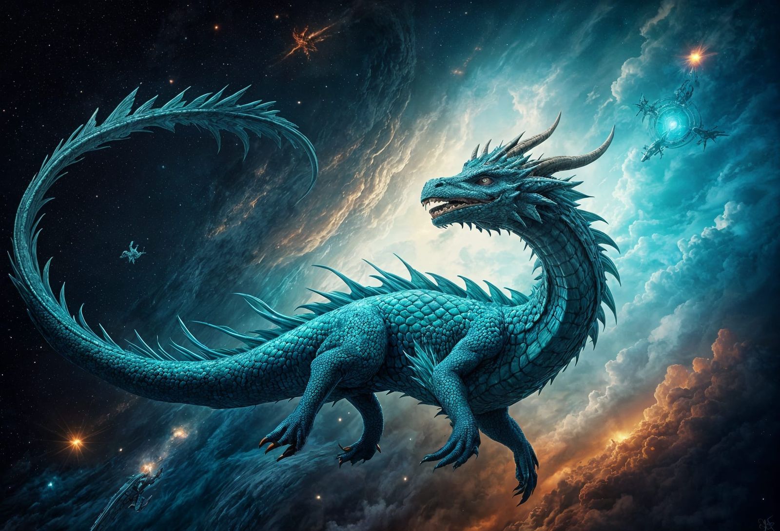 Turquoise Dragons Soaring in Celestial Fantasy Style