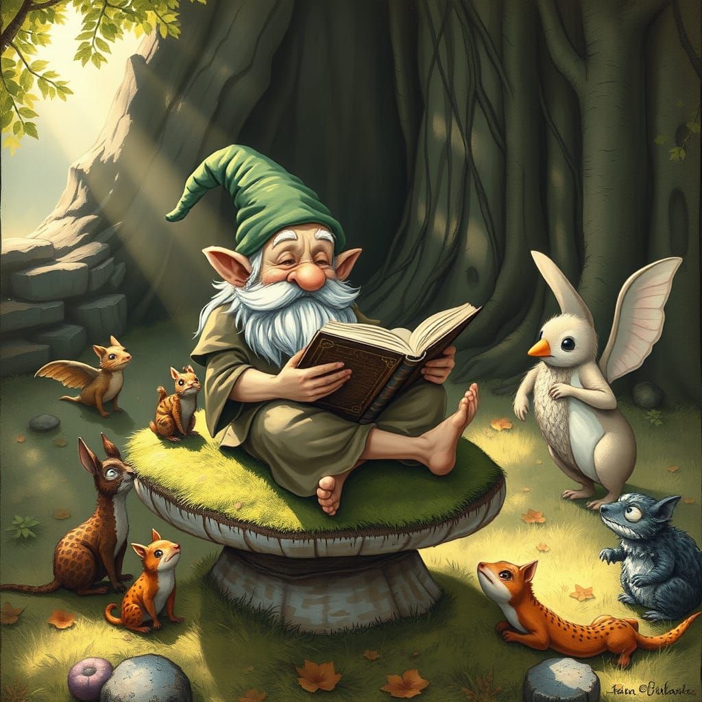 Gnome Reading an Ancient Tome in Forest