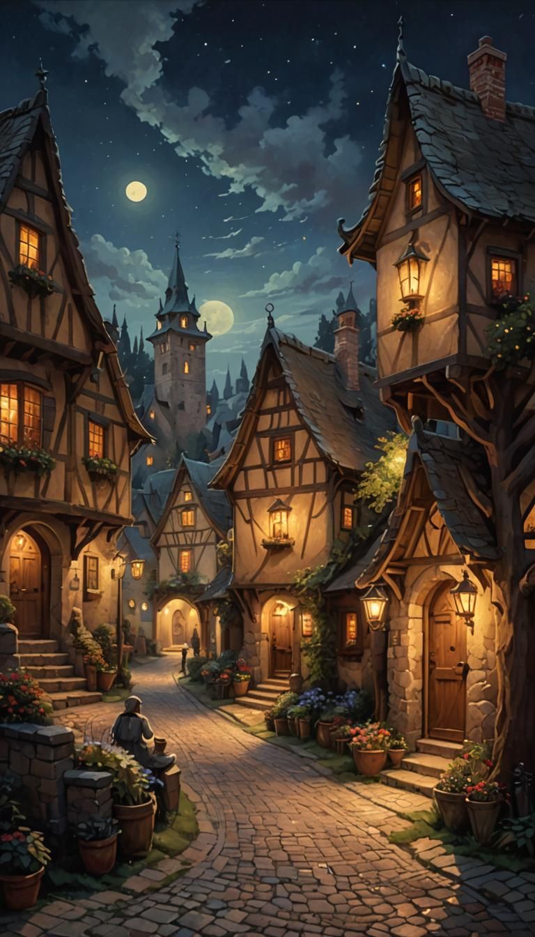 Whimsical, medieval village at night, acryl painting