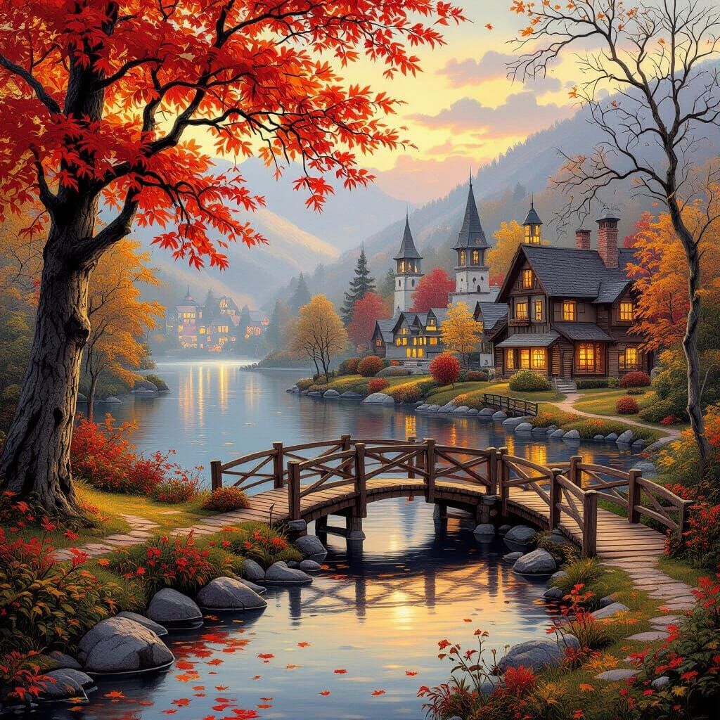 A mesmerizing illustration capturing the essence of autumn, with a picturesque landscape that showcases vibrant hues of ...