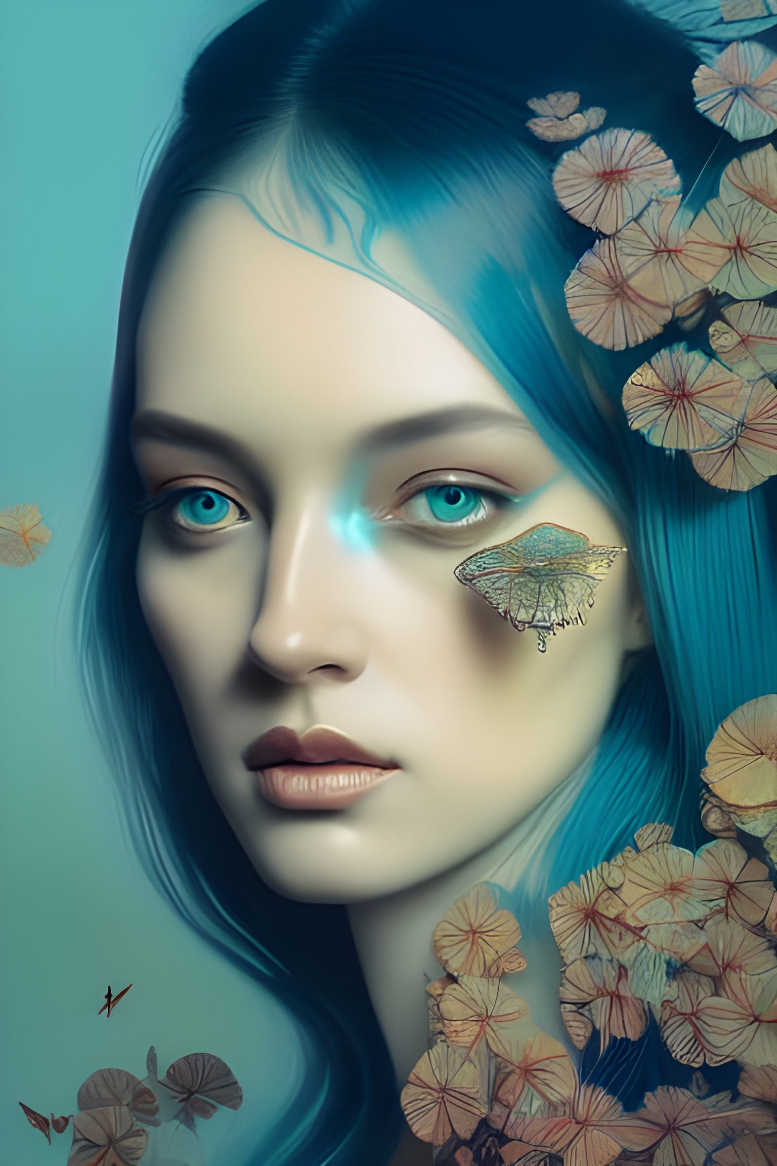 Psychedelic Teal Goddess Portrait in Hyperrealistic Style