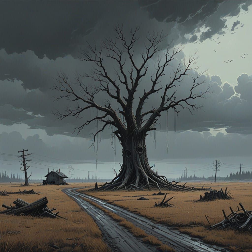 Dark Futuristic Wasteland with Withered Tree