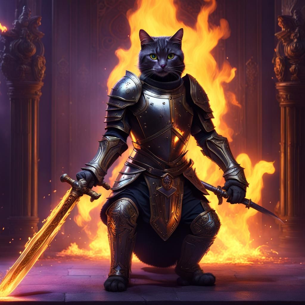 Armored Cat with Flaming Sword: Dark Fantasy Art