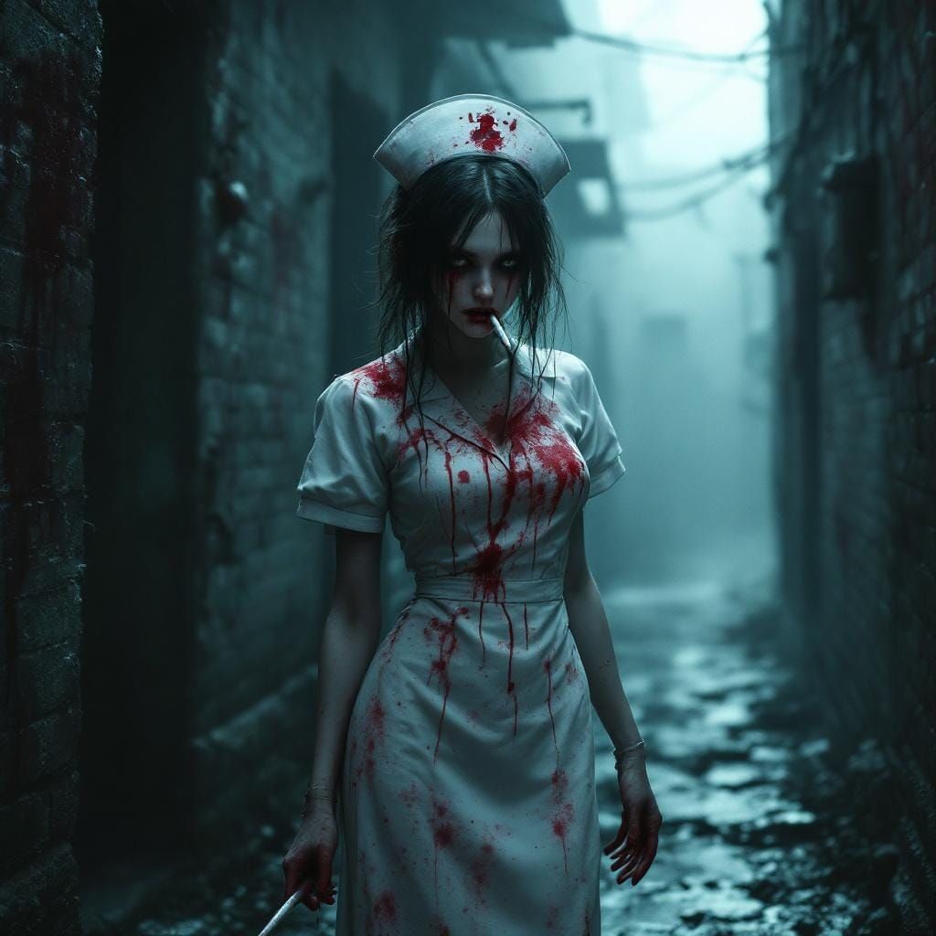 Eerie Nurse in Foggy Alley, Gothic Horror Style