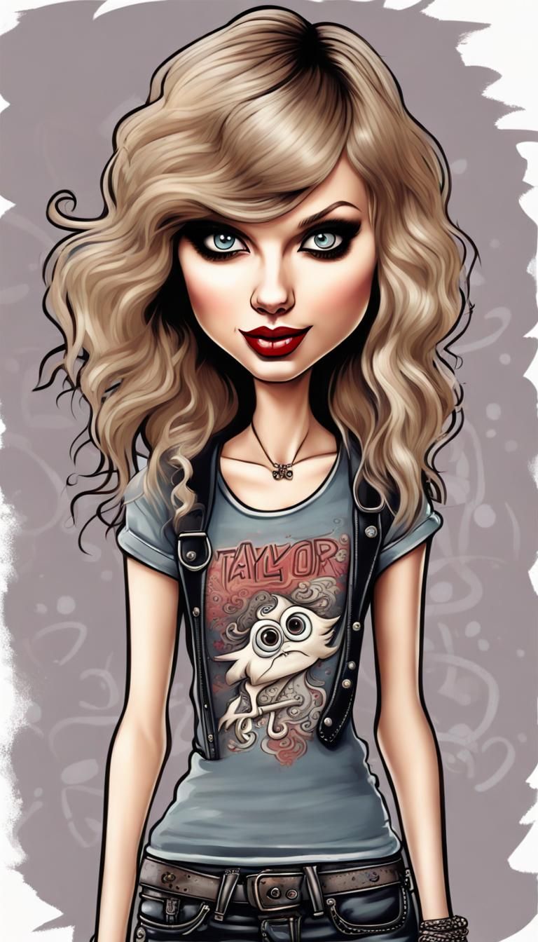 Grunge rocker outfit, funny caricature of Taylor Swift, full body, smooth skin, attractive, big eyes, smiling, young fac...