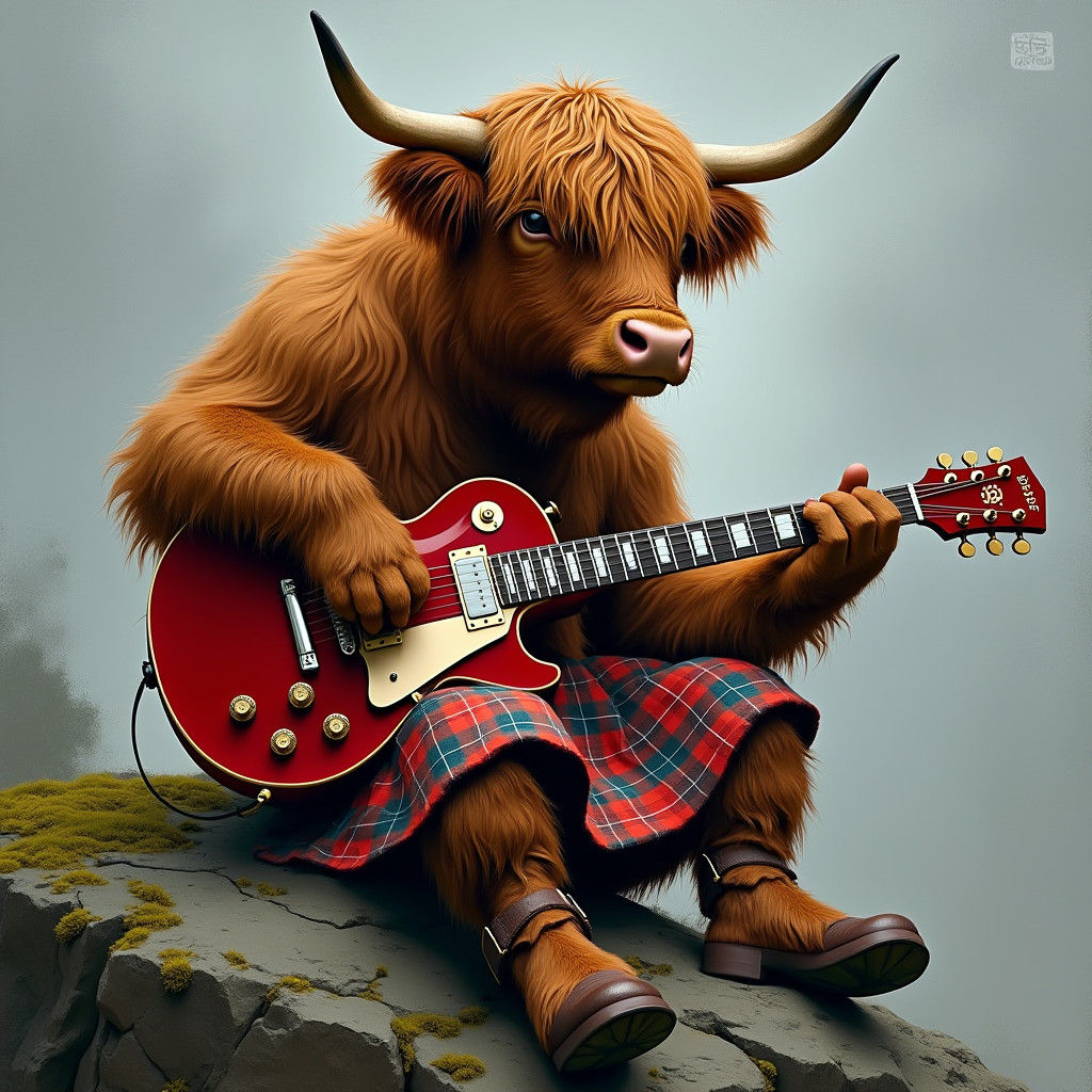 Highland Cow Plays Guitar in Scottish Art Style