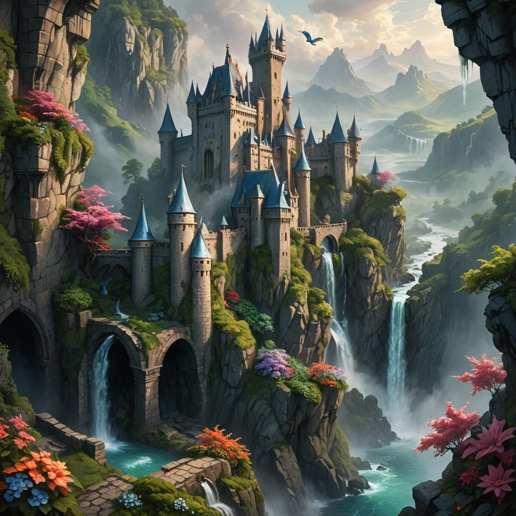 Fantasy Castle with Dragon and Waterfall in Dreamlike Style