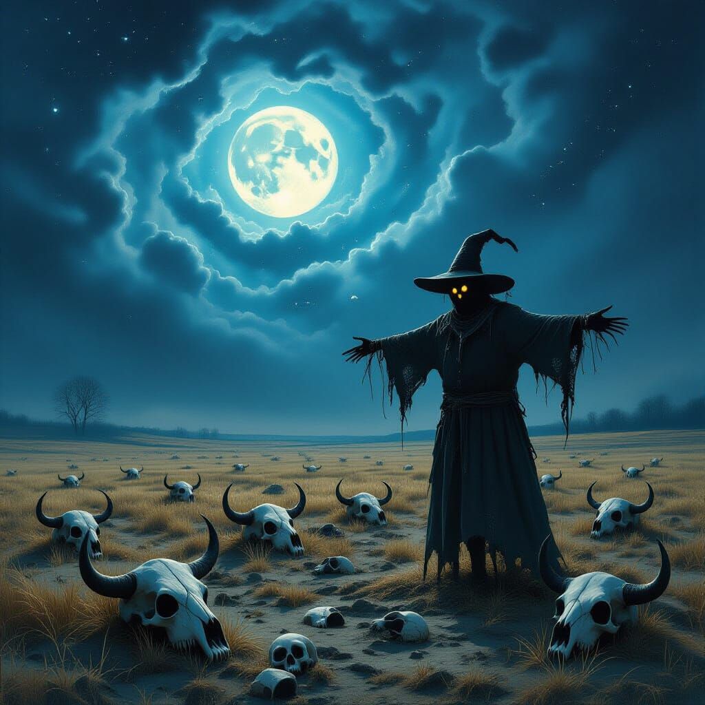 Scarecrow in Moonlit Field with Nebulae Sky and Skulls