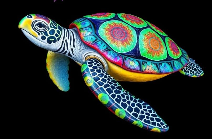 A Glowing Neon Sea Turtle