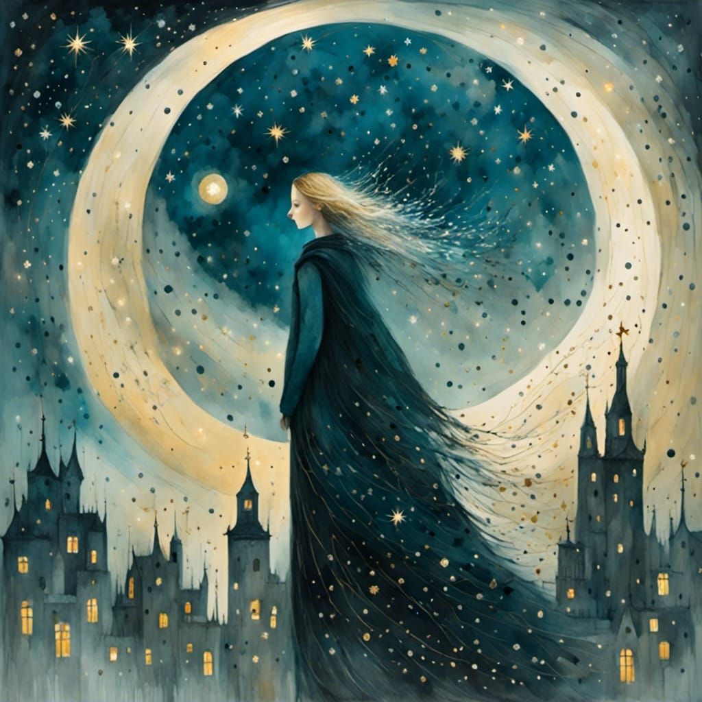 Starry Night Cityscape Illustration in Monochromatic Blue