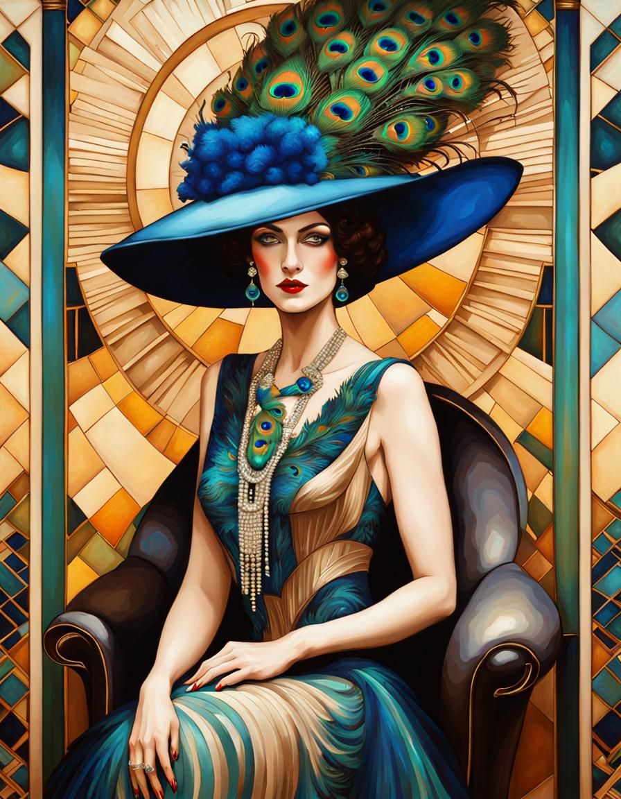 Art Deco Lady with Peacock Feathers, Klimt Style
