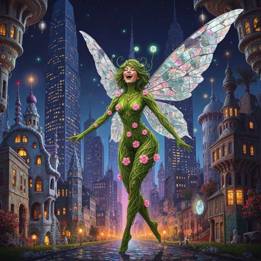 Bioluminescent Fairy Dances in Surreal Cityscape