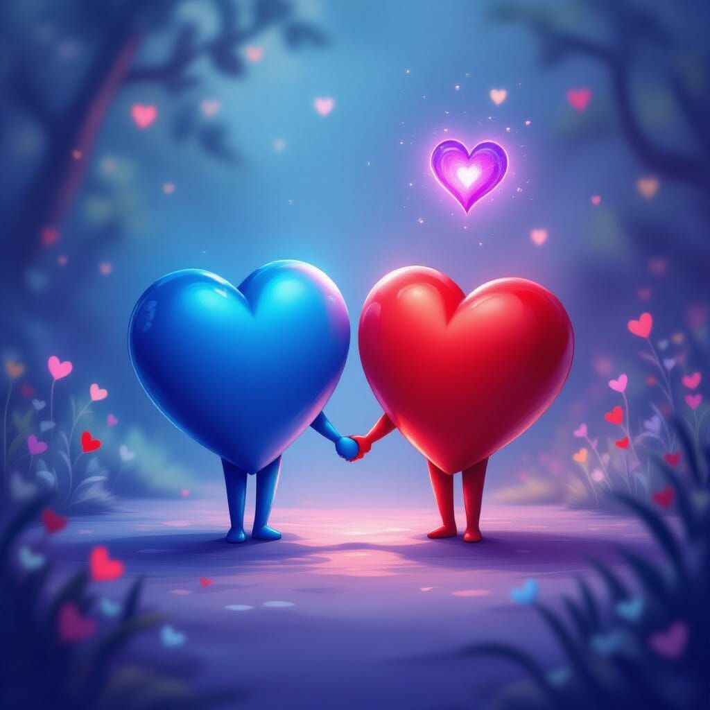 Blue and Red Hearts Holding Hands with Purple Heart