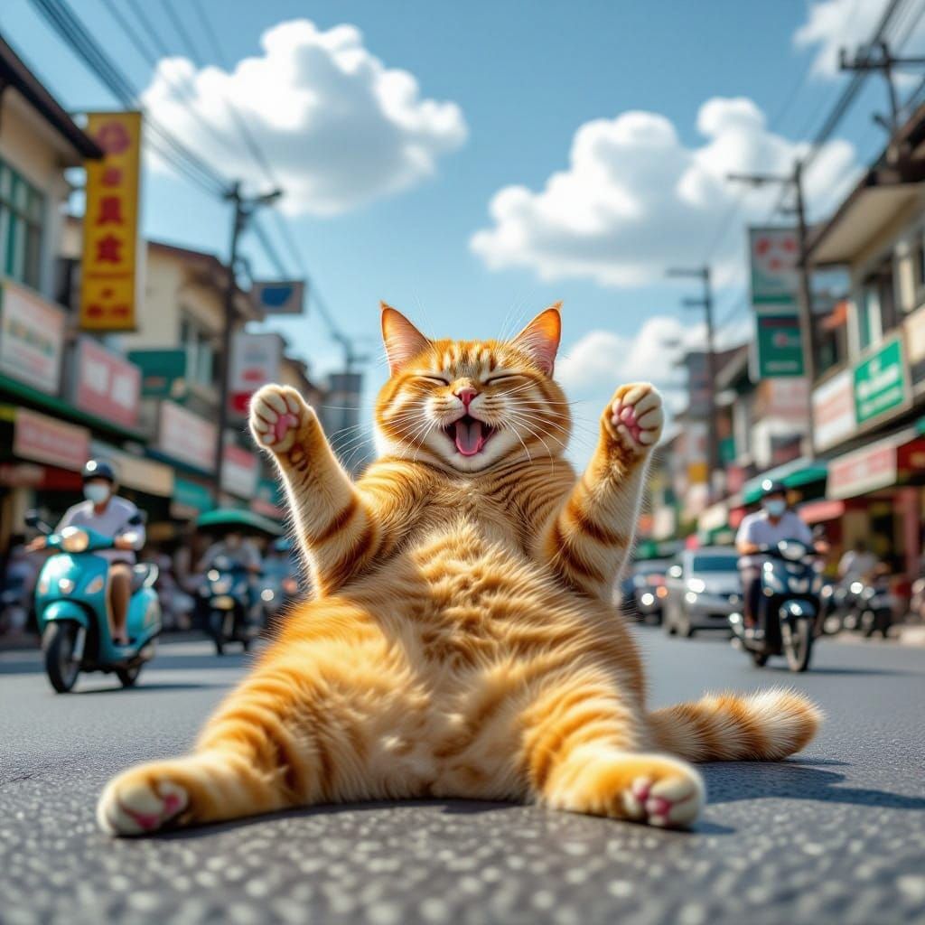 Giant Tabby Cat Blocks Bangkok Traffic