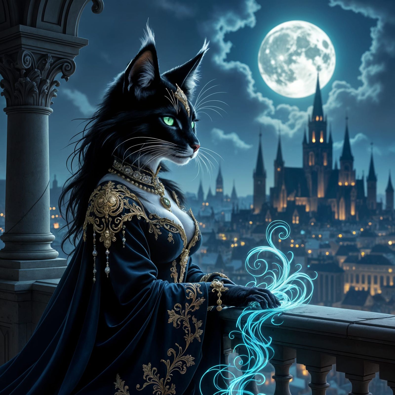 Regal Vixen in Gothic Cityscape, Concept Art Style