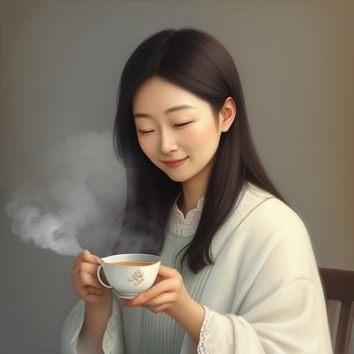 Whimsical Watercolor Portrait of Woman With Tea