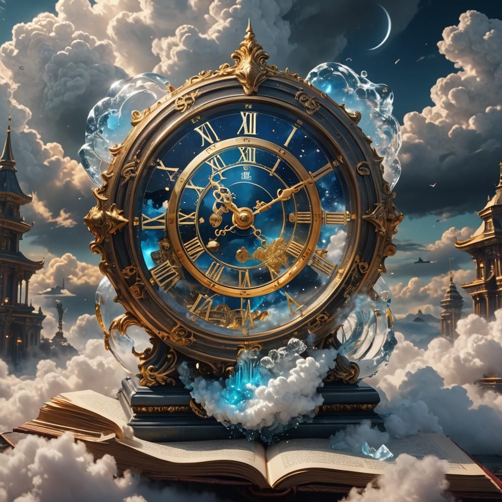 Crystal Clock on Golden Book, Detailed Matte Painting