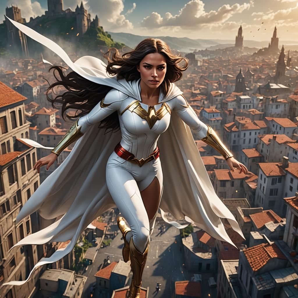 Portuguese Female Superhero in Flight: Detailed Digital Art