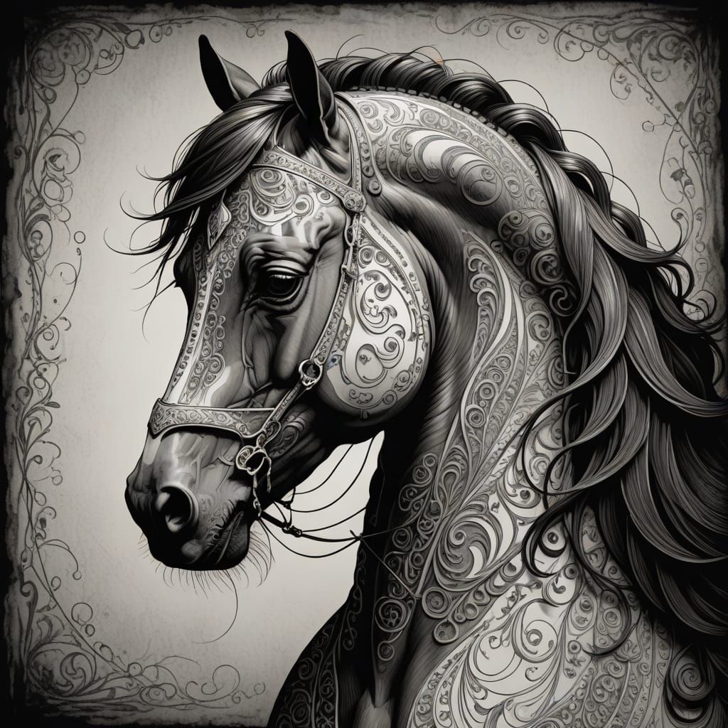Ornate Zentangle Horse in Grayscale Line Art