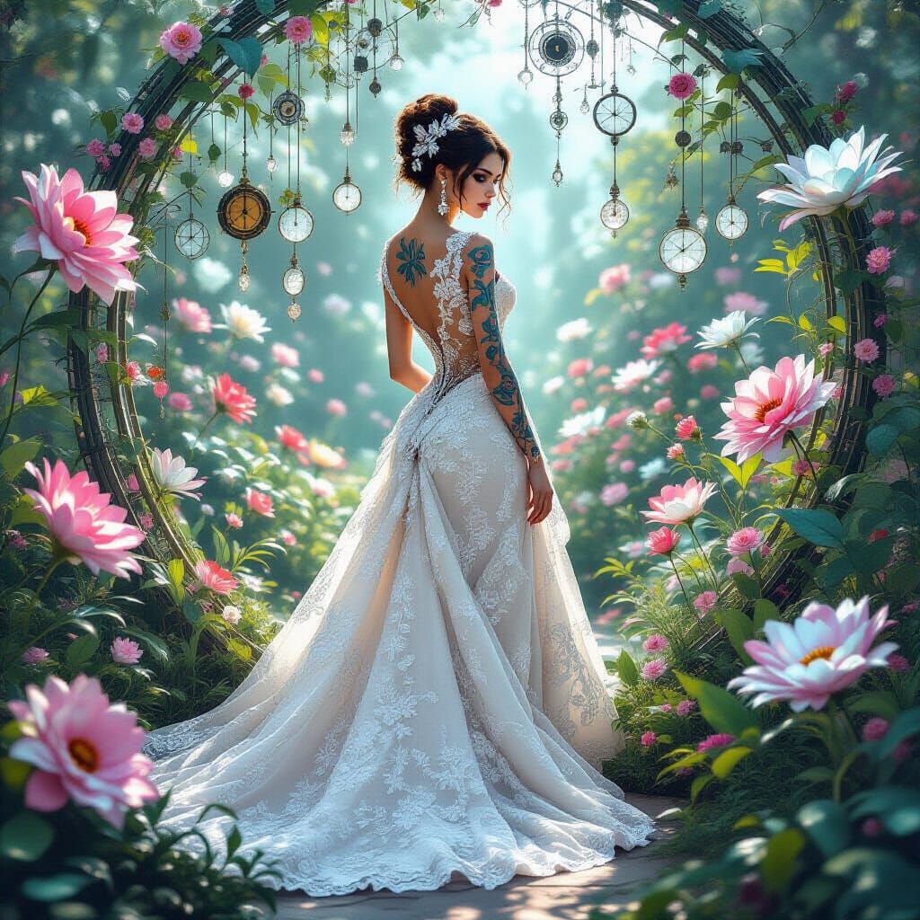 Woman in Lace Gown in Surrealist Garden