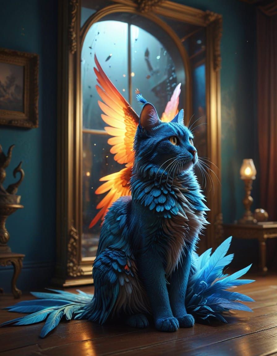 Mystical Concept Art: Person, Glowing Bird, and Blue Cat