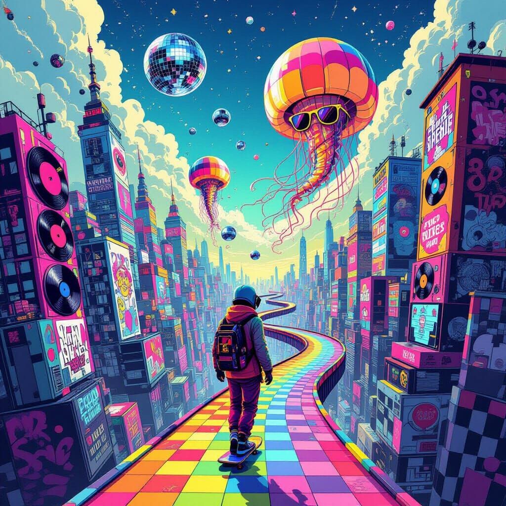 Vibrant Surreal Dimension of Floating Sidewalks and Bouncing...