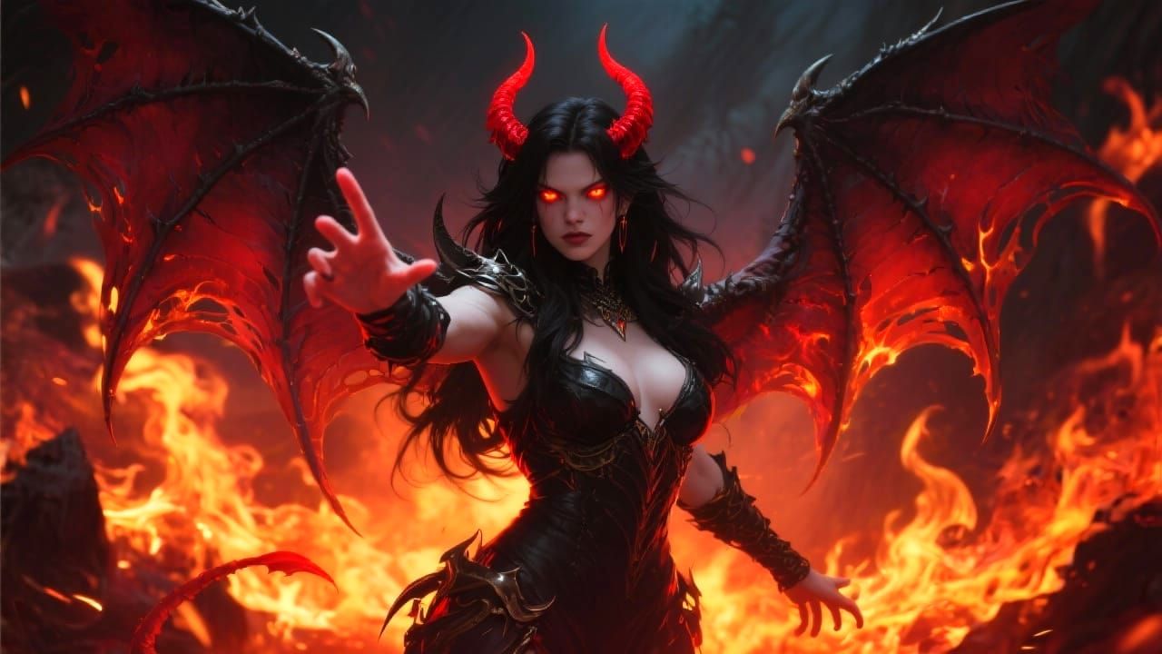 Demonic Woman with Dragon Wings in Hellfire
