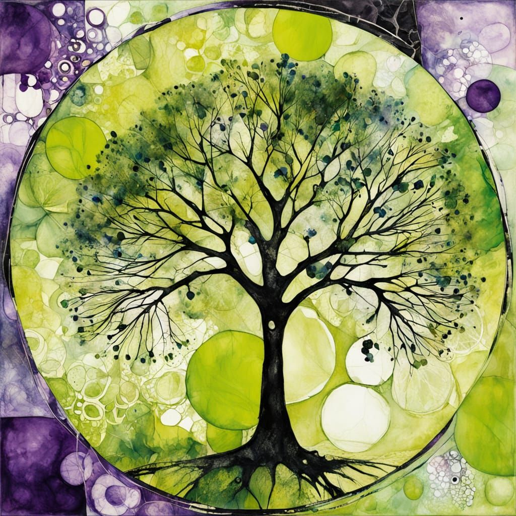 Abstract Lime Tree Art with Geometric Circles