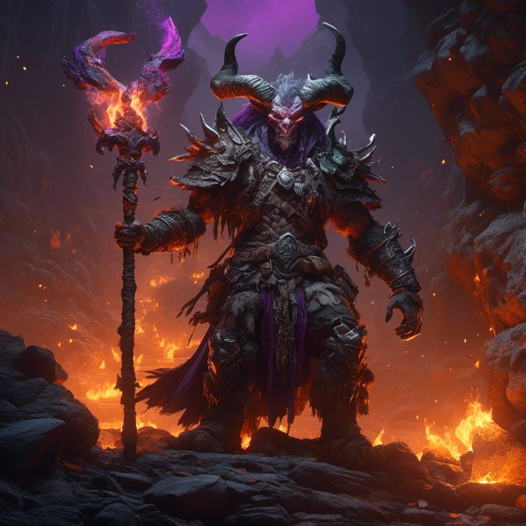 Intimidating Demon with Purple Glow in Burning Cave