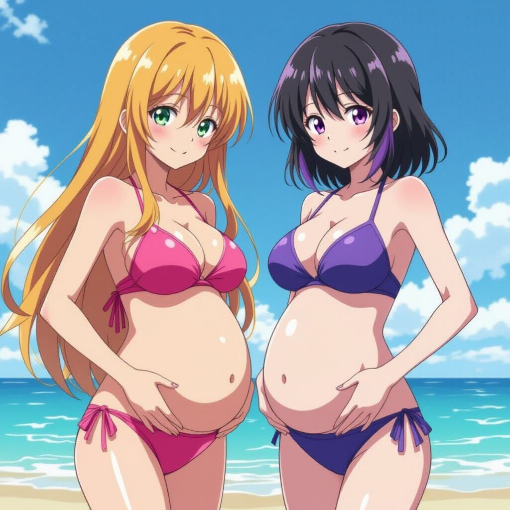 Anime Pregnant Girls in Swimsuits, Vibrant Art Style