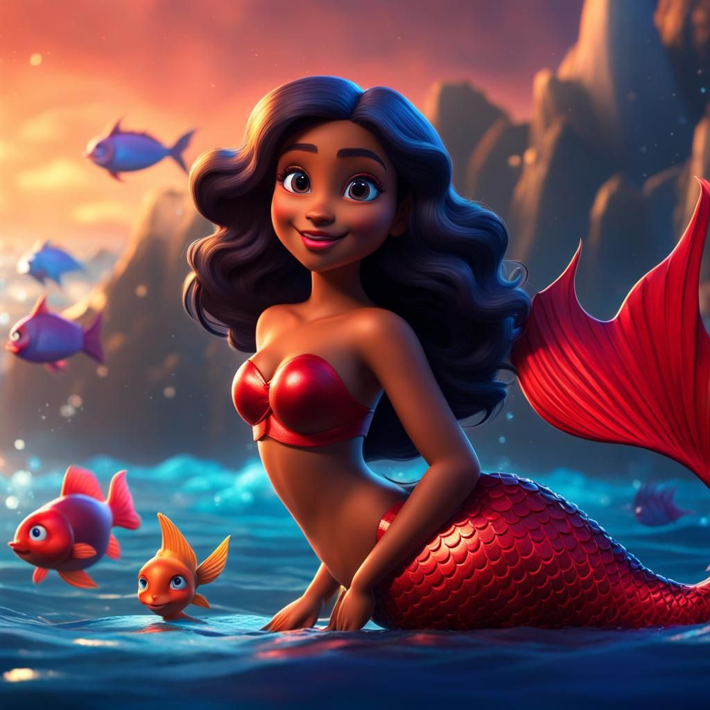 Animated Brown Mermaid in Ocean, 3D Digital Art