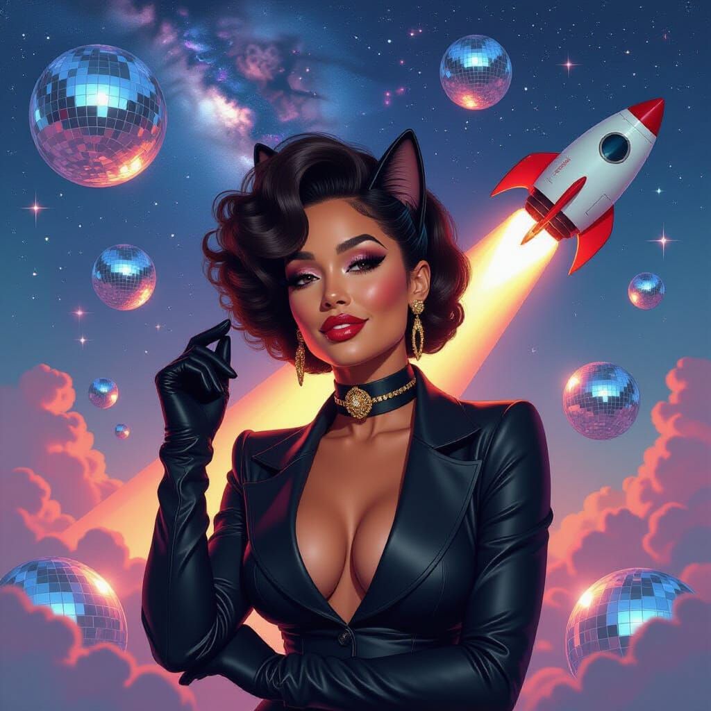 Afrofuturist Catwoman in Cosmic Ballroom, Retro-Futuristic S...