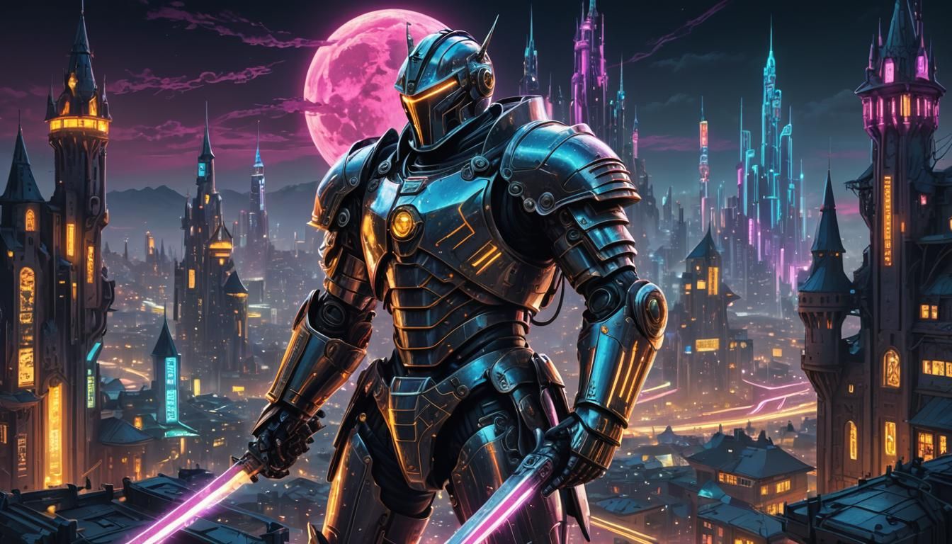 Cyberpunk Knight Protecting Neon Cityscape