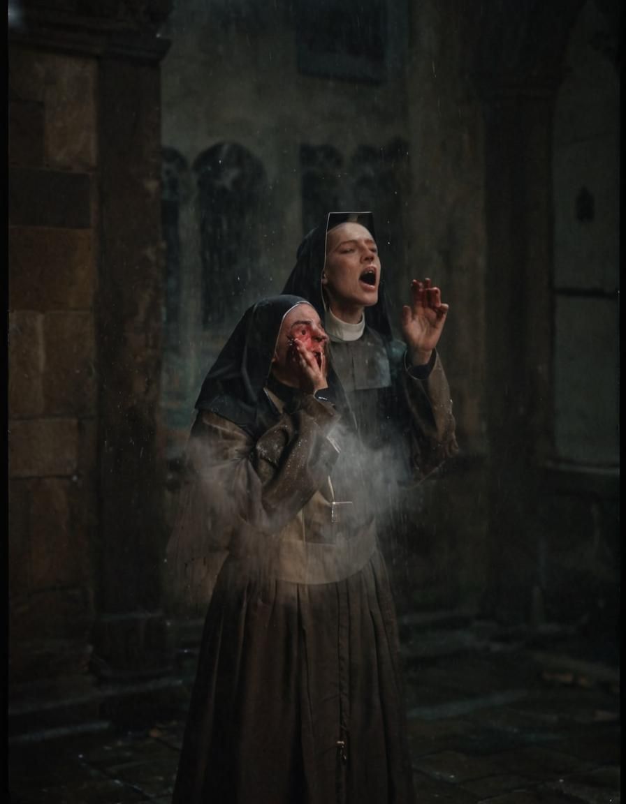 in an abandoned and dilapidated monastery a young nun in a w...