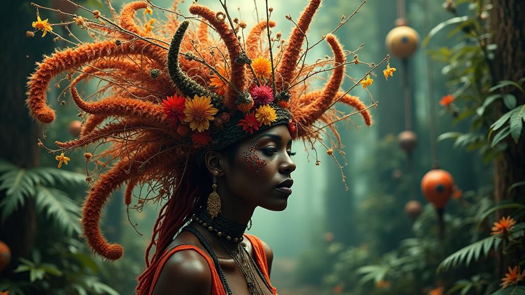 Kitschy Voodoo Lady in Botanical Jungle Art