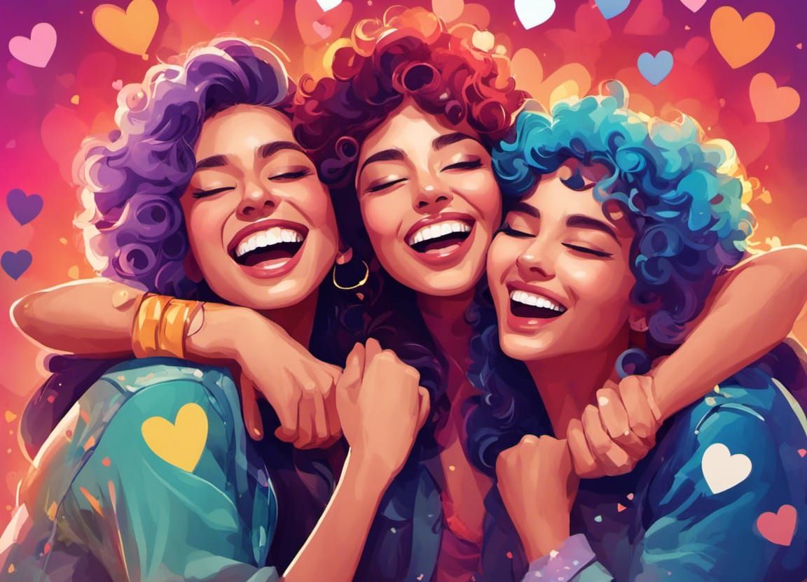 Friends Hugging at Concert with Hearts