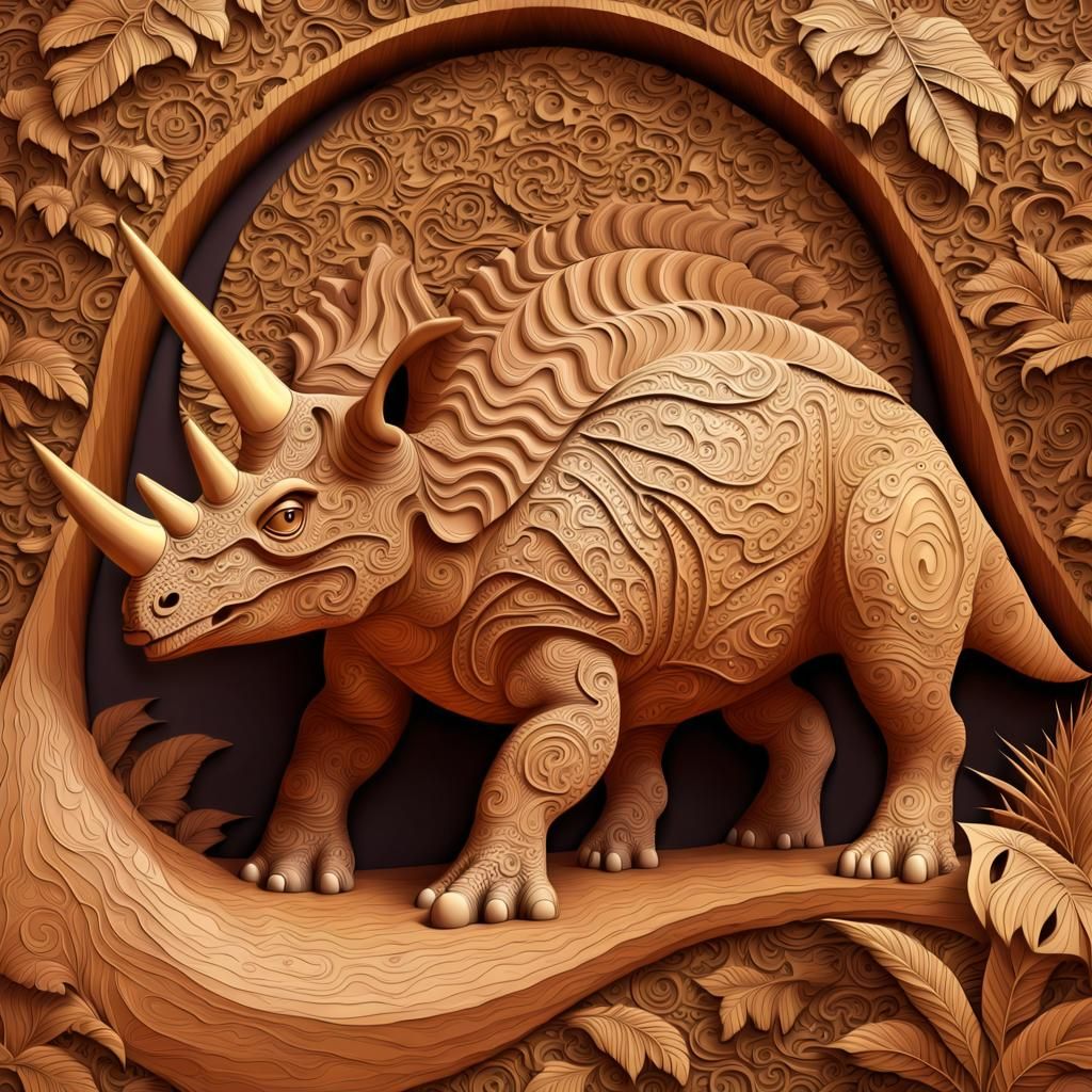 Wood Carved Triceratops in Jungle Scene
