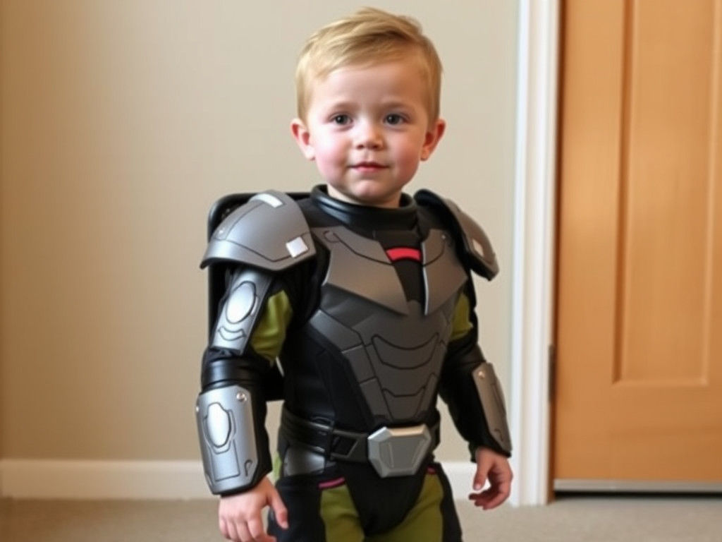 (Toddler Wearing Exoskeleton Armor Superhero Costume:1.5)