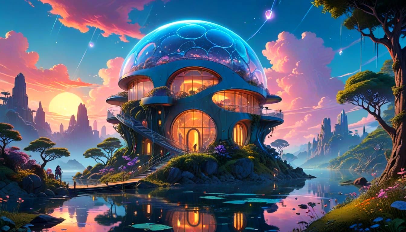 Surreal Solarpunk Oasis with Glowing Plants and Flowing Curv...