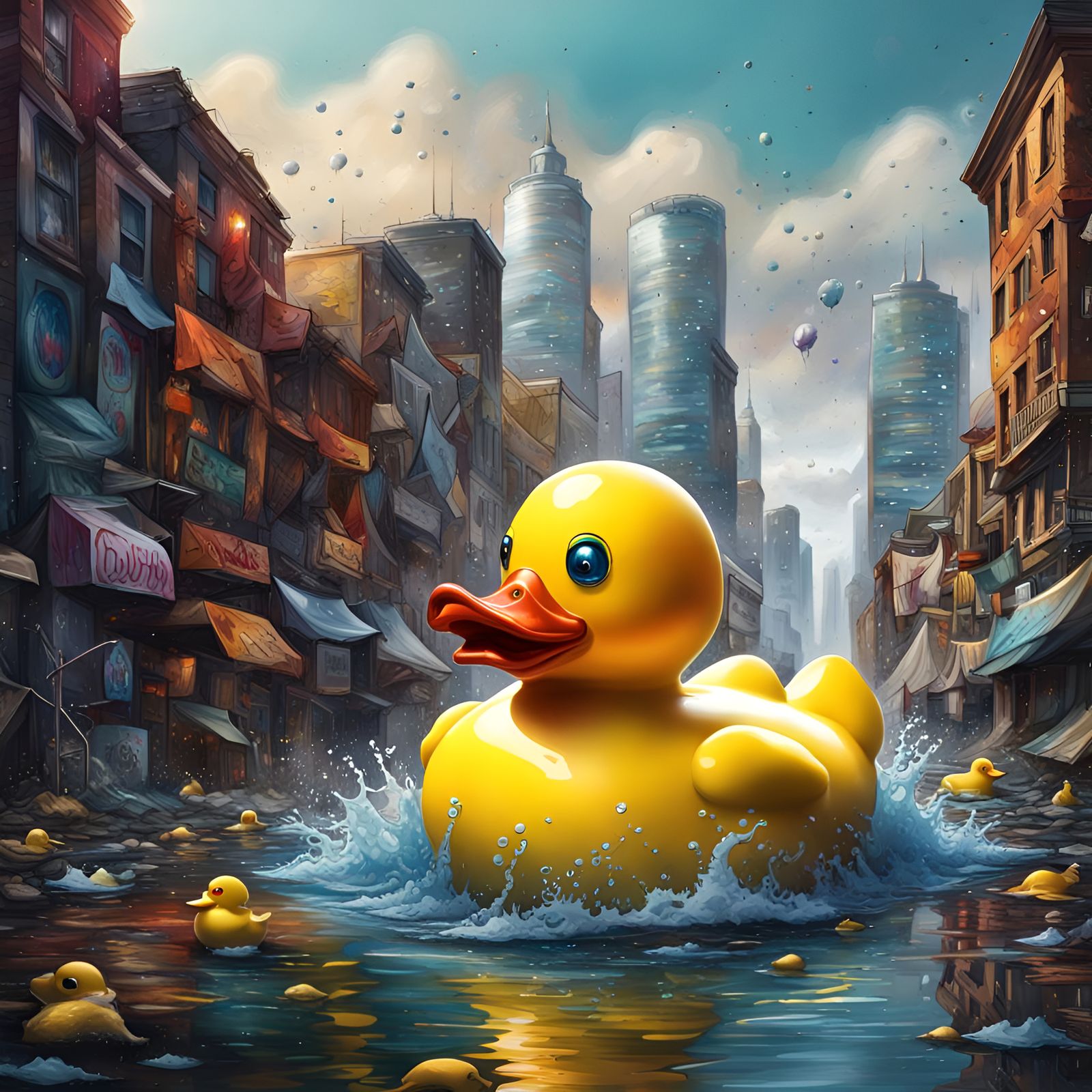 Giant Rubber Ducky in City, Graffiti Splash Art