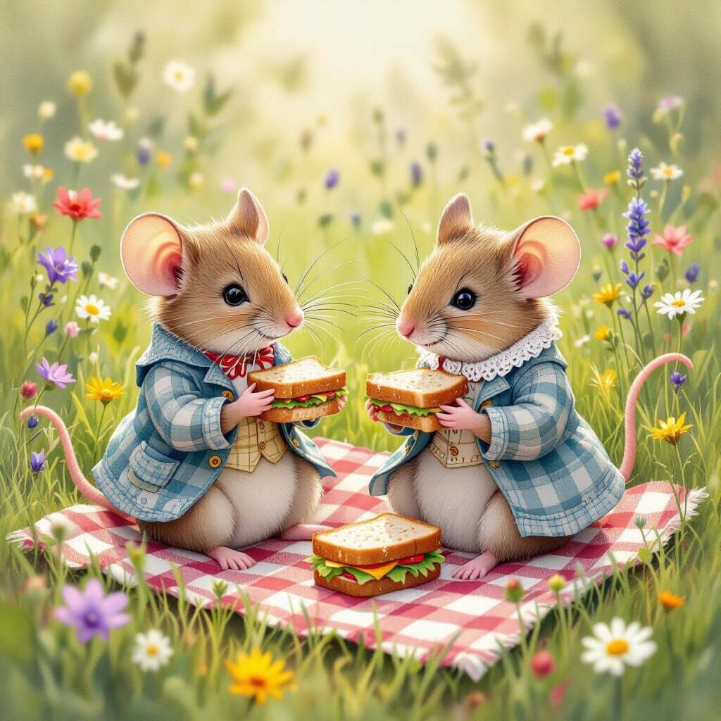 Mice Picnic in Lush Meadow, Aquarelle Style